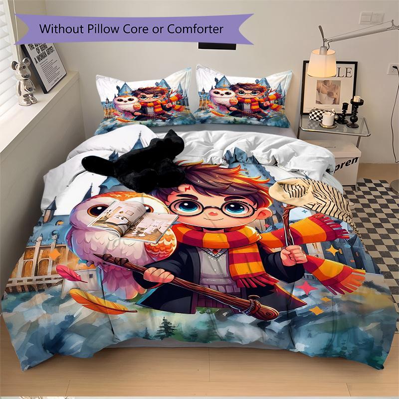 3pcs Harry Potter with Hedwig Quilt Set Cartoon Themed Bed Quilt Set Lovely Character Bedroom Decor Bed Quilt Set Four Seasons (1 Cover + 2Pillow