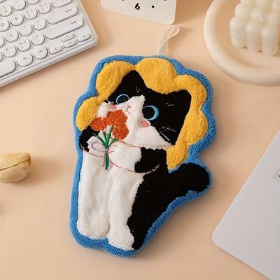 1 unidad Adorable Toalla de Mano de Coral con Gato - Súper Absorbente y de Secado Rápido, Suave con la Piel con Bucle, Ideal para Cocina y Baño, Decoración de Baño