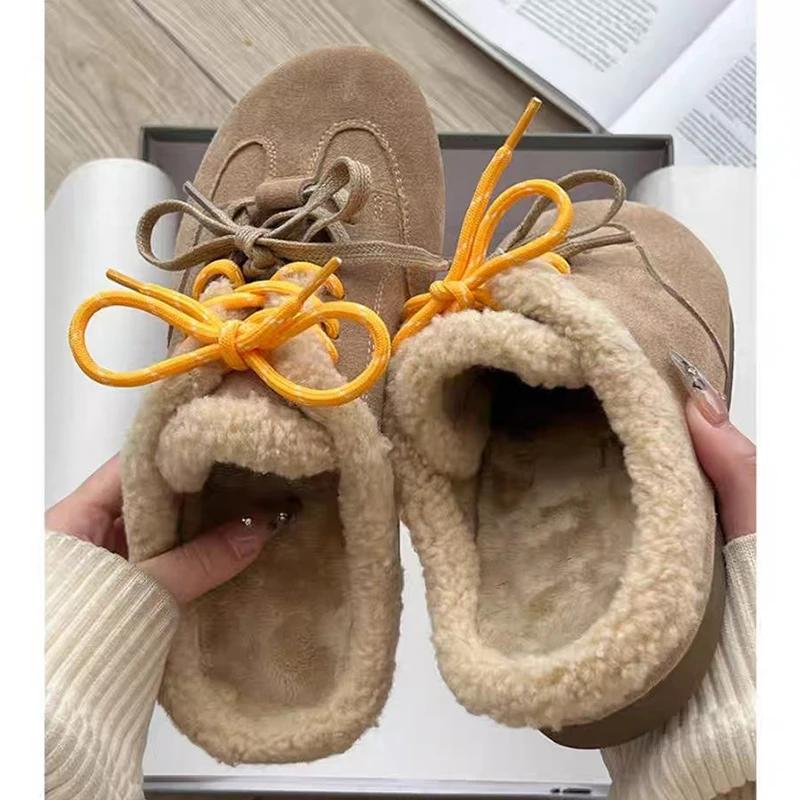 Mode Schleife Wildleder Plateau Pelz Hausschuhe Damen Flats Warme Pantoletten Schuhe Plüsch Baumwolle Flip Flops 2025 Winter Neu Lässige Mode Damenschuhe