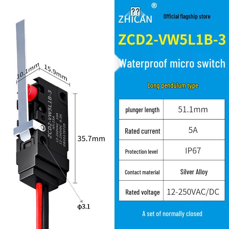 IP67 Waterproof Micro Switch, 5L1B/5L2A/5L3 Models, Straight Lever Roller, 1 NO/1 NC Limit Switch.