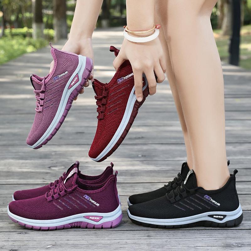 Shoes Female Couple Large Size Lace-up Sneakers Soft-soled Women's Shoes Fly-woven Breathable Casual Shoes Shallow Mouth Thick-soled Single Shoes