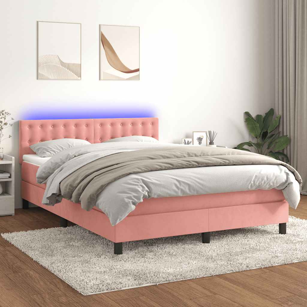 Vidaxl Łóżko Kontynentalne Z Materacem I Led, Różowy Aksamit 140X190Cm