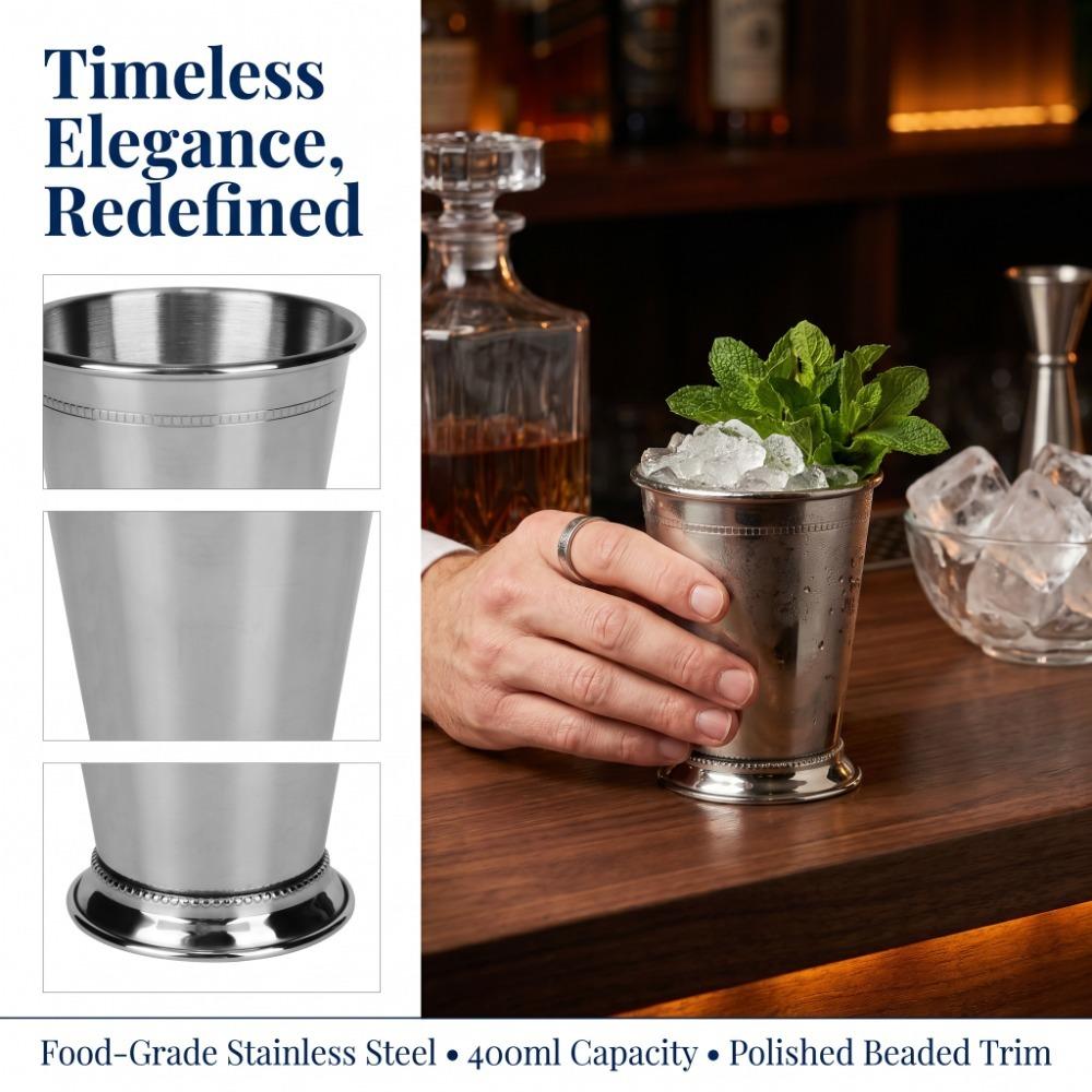 2pcs Beaded Trim Border Stainless Steel Cocktail Mug Silver Mojito Cup Classic Mint Julep Cup Home