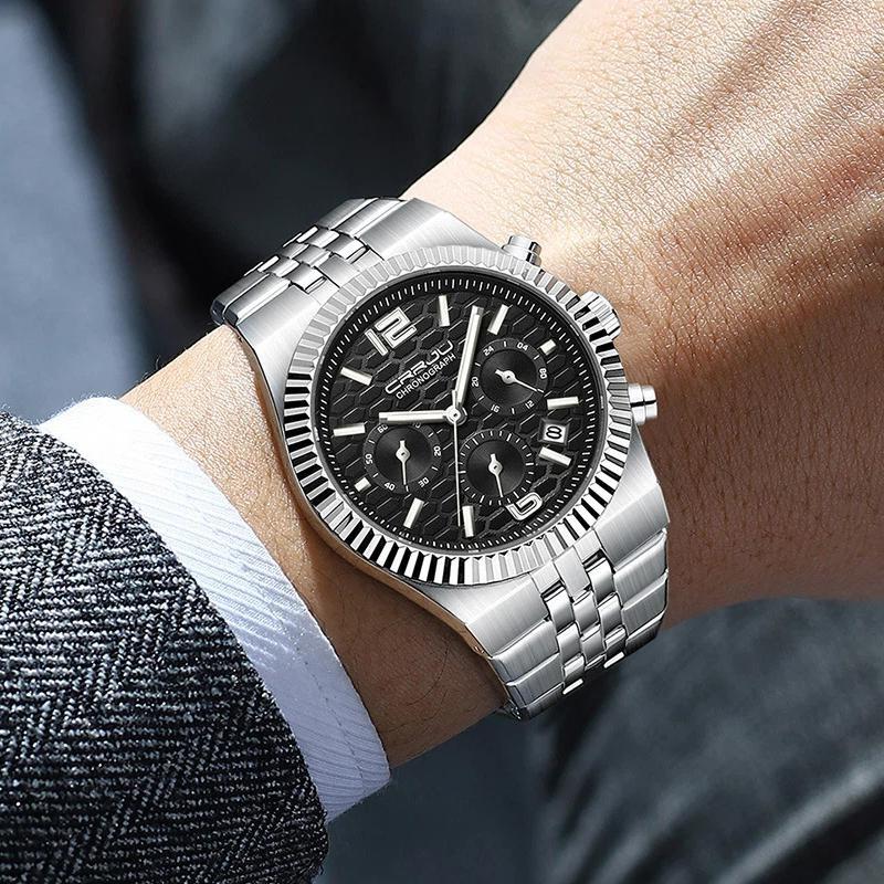 Fashion Business Mens Watches with Stainless Steel Waterproof Chronograph Quartz Watch for Men, Auto Date