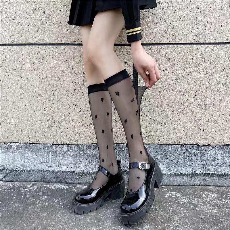 Koreanischer Lolita-Stil JK-Frauen, weiße und schwarze Schulstrümpfe, Mädchen, Herzdruck, japanische Kawaii, süße transparente kniehohe lange Socken