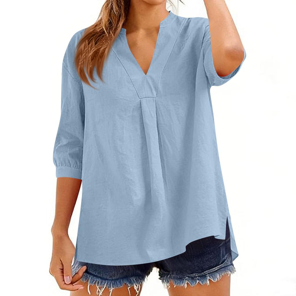 Womens 34 Sleeve V Neck Blouse Loose Fit Solid Tunic Top Casual Pullover Lightweight Comfortable Shirt for Daily Wear