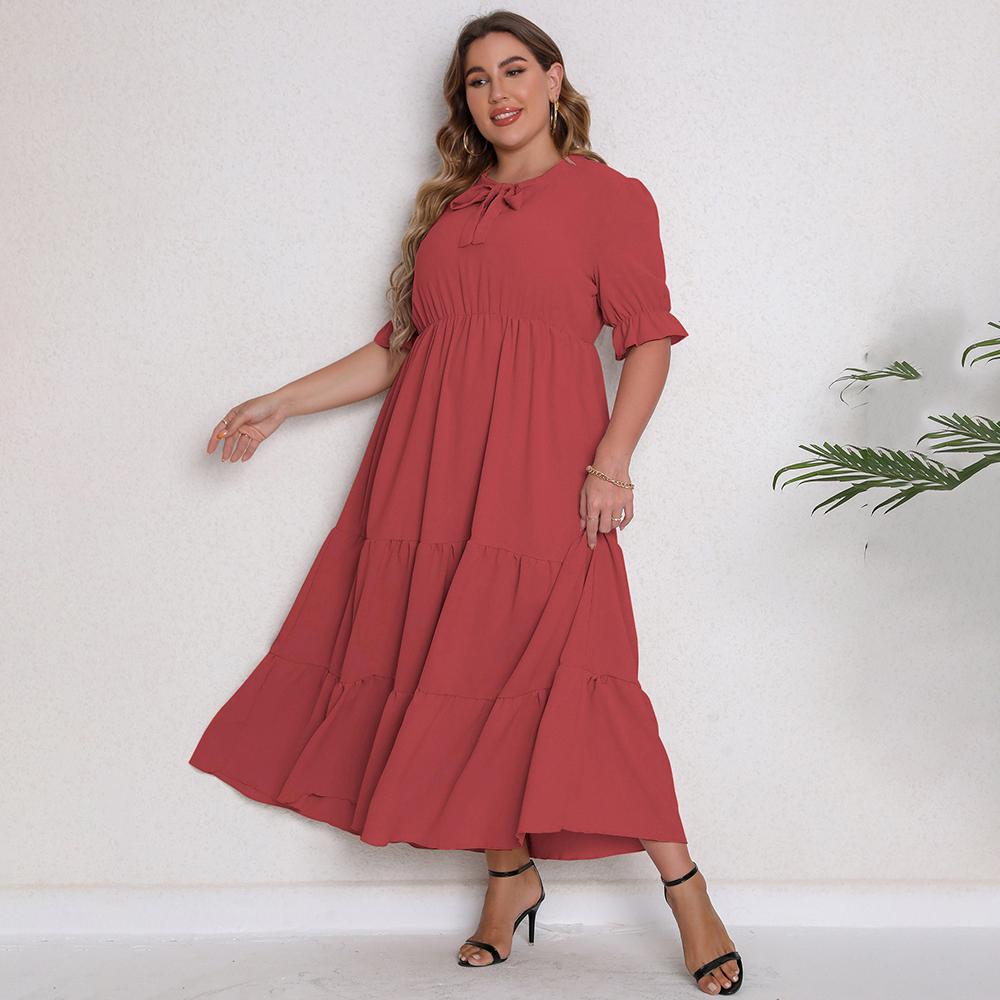 Büyük Beden Kadınlar için Büyük Beden Moda Kısa Kollu Düz Renk Yazlık Günlük Uzun Elbiseler