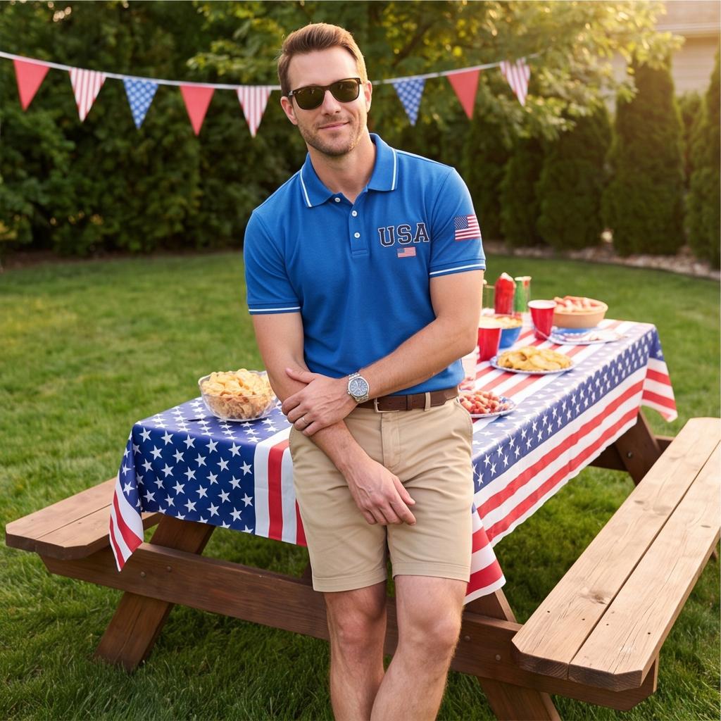 Men's Short Sleeve Polo Shirt Button Down Collar Classic Fit Casual Polo Shirt with Embroidered USA and Flag Patch