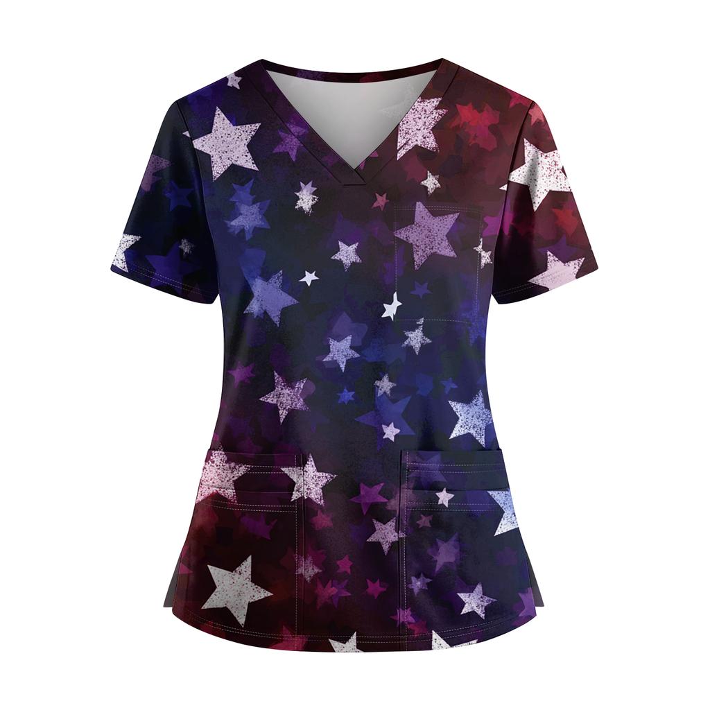 Women's Independence Day Print V-Neck Double Pocket Short Sleeve Uniform with Slit Hem - Caregiver Top