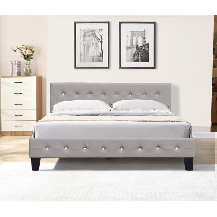 Lit avec Sommier 140x200 cm - KING OF DREAMS - Tête de Lit Capitonnée - Pieds en 10 cm - 13 Lattes - Gris