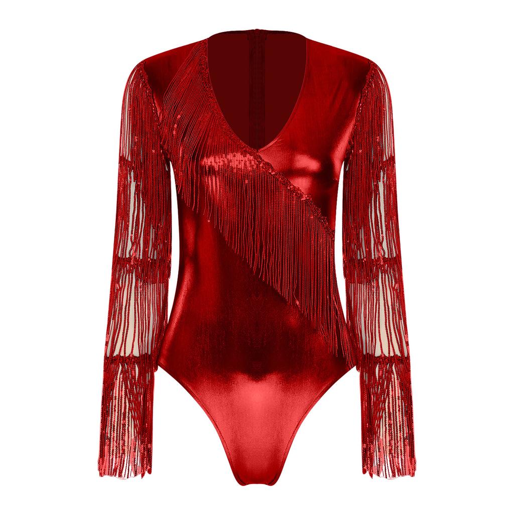 Womens Metallic Shiny Club Bodysuit Tiered Sequin Tassel Mesh Long Sleeve Dance Jumpsuit