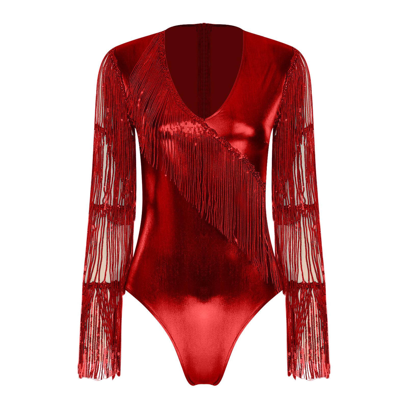 Damen Glänzender Metallischer Club Body Stufig Pailletten Quasten Netz Langarm Tanz Jumpsuit M rot