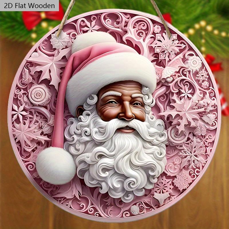 Pink Christmas Wooden Sign with Black Santa Claus Pattern - Navidad Round Sign for Door Wall Hanging Decor - Ideal Christmas Decoration