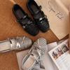 Sheepskin version~ New silver single shoes women's retro Mary Jane mesh breathable bow ballet flats women