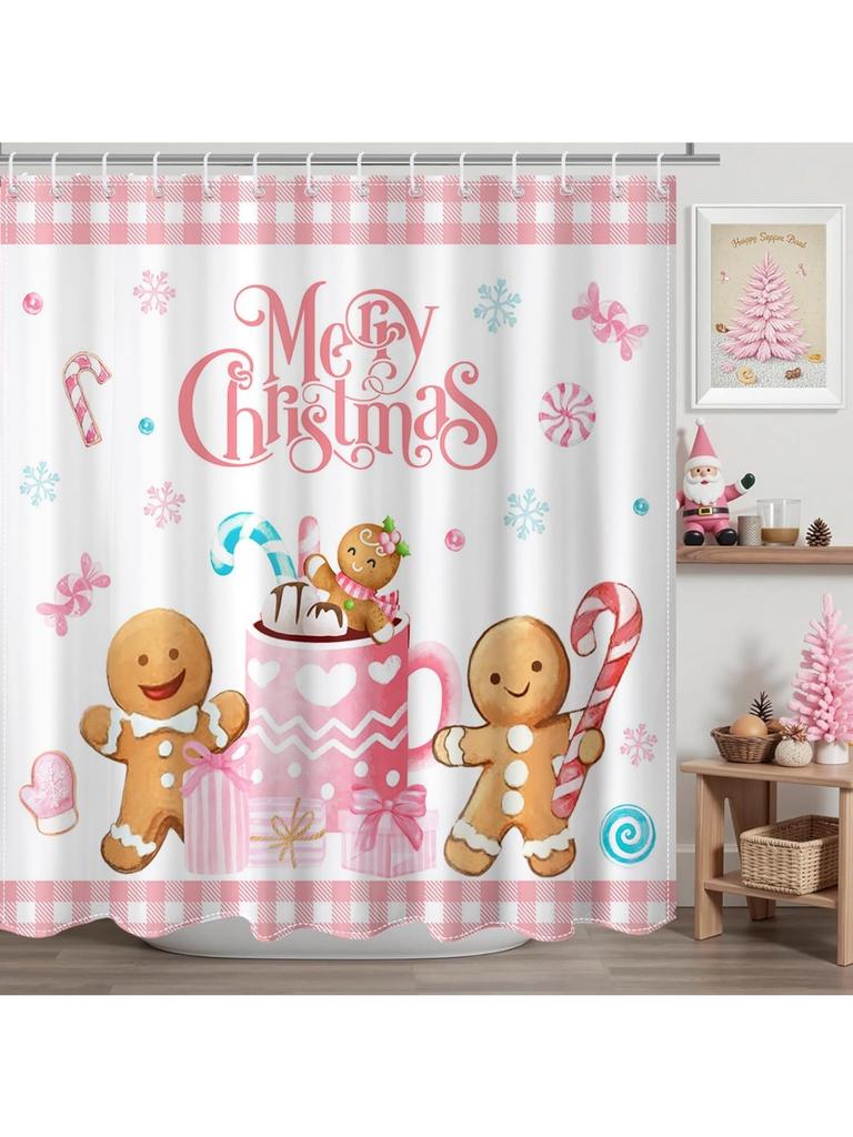 Merry Christmas Shower Curtain Pink Checked Cute Gingerbread-Man Shower Curtain With 12 Hooks Winter Snowflake Xmas Candy Bath