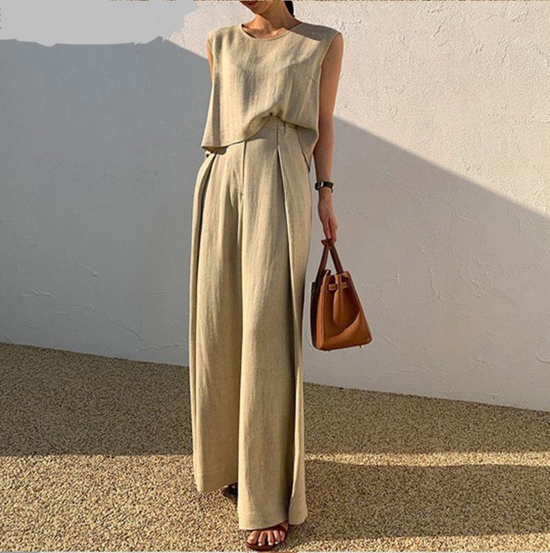 Spring/Summer 2023 Cotton Linen Casual Two-Piece Set: Sleeveless Top & Wide-Leg Pants for Women