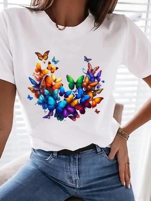 (Asian Size) Clothing T Shirt Tee Top Women Fashion Female Woman Sweet Butterfly Style Print Short Sleeve Graphic T-shirts