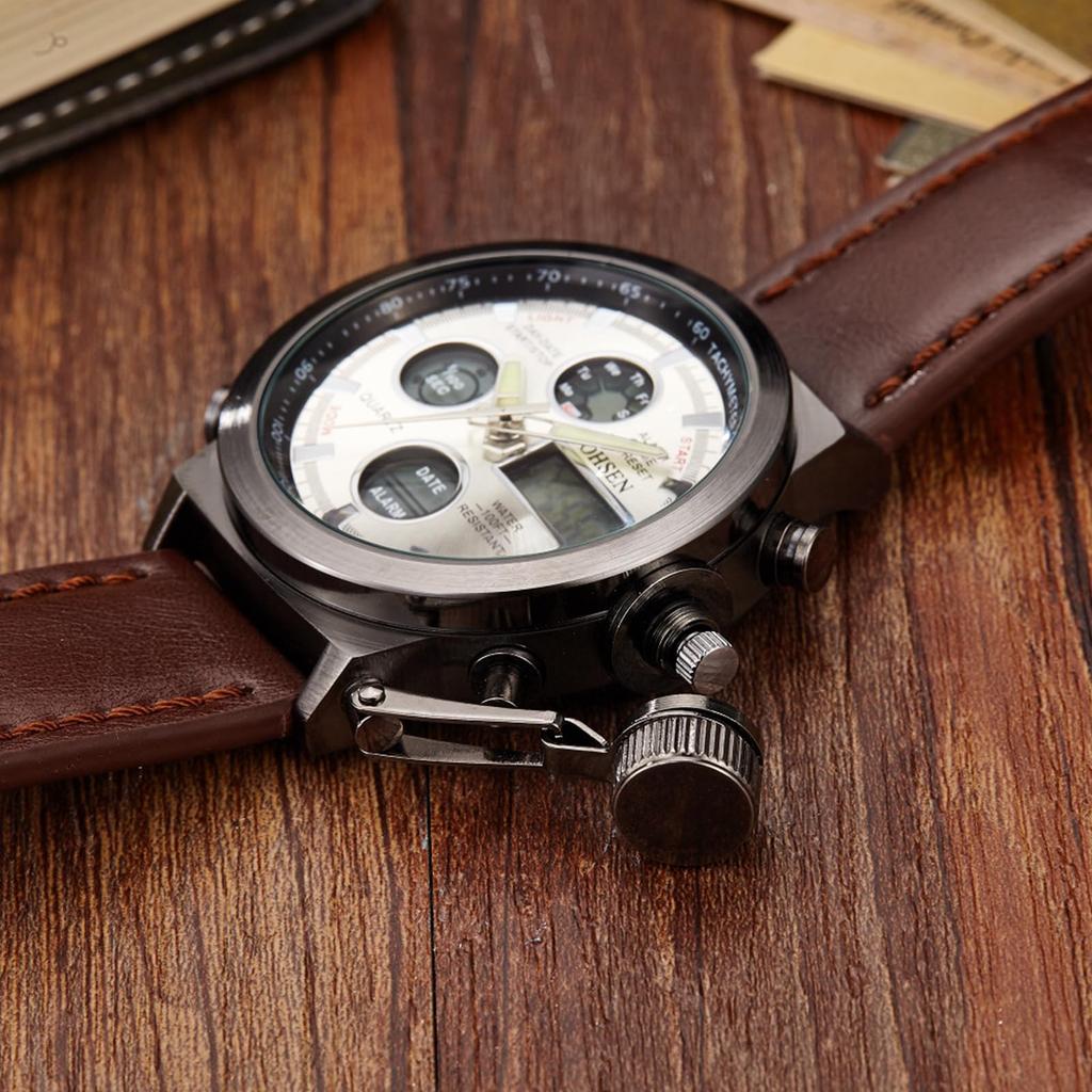 Watch with LED Genuine Leather Japanese Quartz Antique Popular Accessory Perfect Gift for or Christmas Men's Military-Grade Analog-Digi Display,