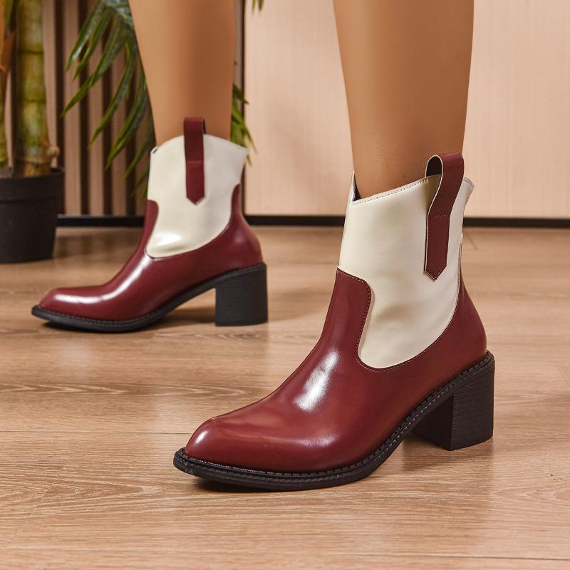 Women's Wide Width Color Block Ankle Boots, Retro Mid Heel Martin Boots, European Style Vintage Booties for Women
