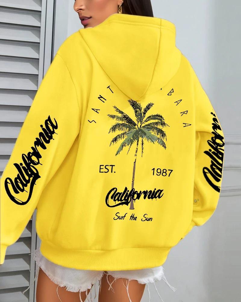 Women's Coconut Tree Print Casual Fleece Hoodie with Pockets
