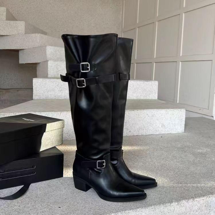 Autumn/Winter New Stacking Boots Thick Heel Pointed Belt Buckle High Barrel Knight Boots Spicy Girl Wide Long Boots