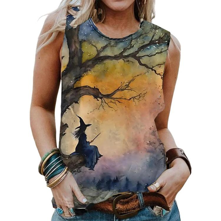 

Summer Round Neck Witch Pattern 3D Printed Top Fashionable Casual Sleeveless Women s Tank Tops S