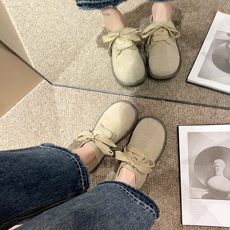 Fashion 2024 Lace up Vintage Bucken Shoes for Women New Thick Sole Pea Shoes Genuine Leather Cow Reverse Fur Sen Series Single Shoes