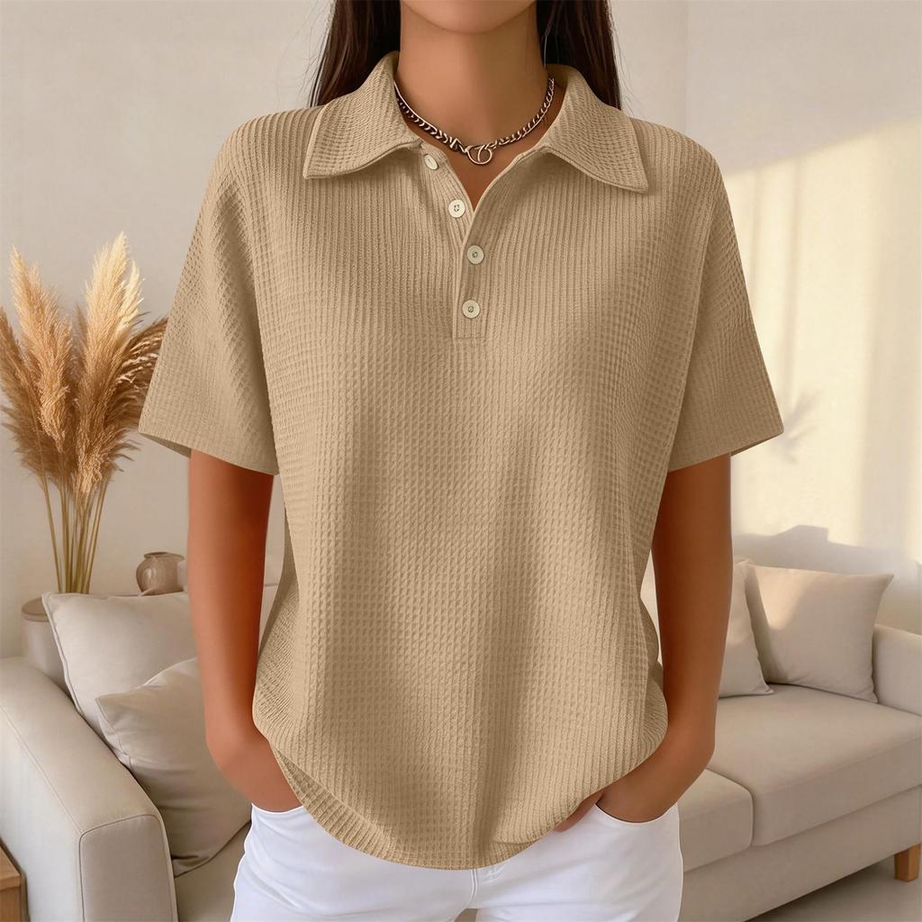 Moda Donna Casual Camicia Colore Manica Corta con Revers Top da Donna