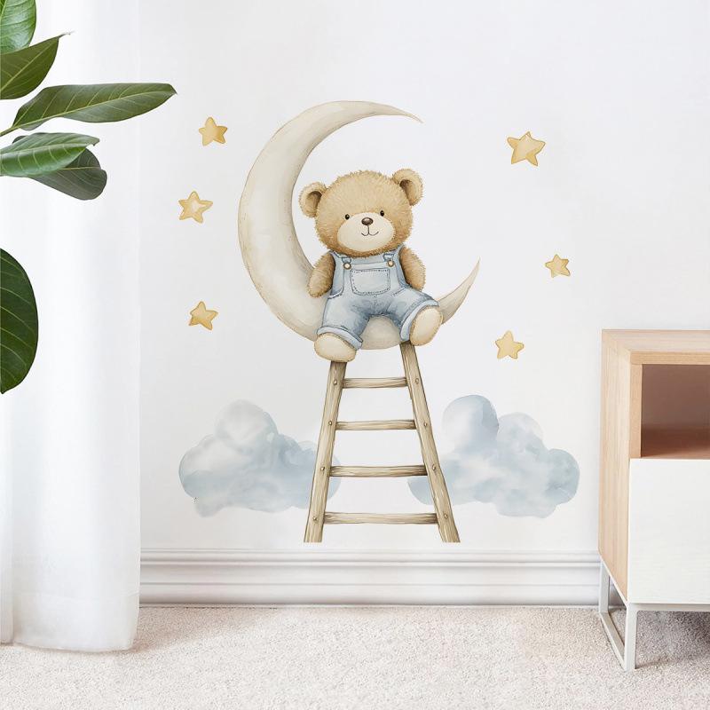 Cartoon Bear Cloud Moon Staircase Wall Sticker Self Adhesive Home Decor for Kids Room Wall Decoration
