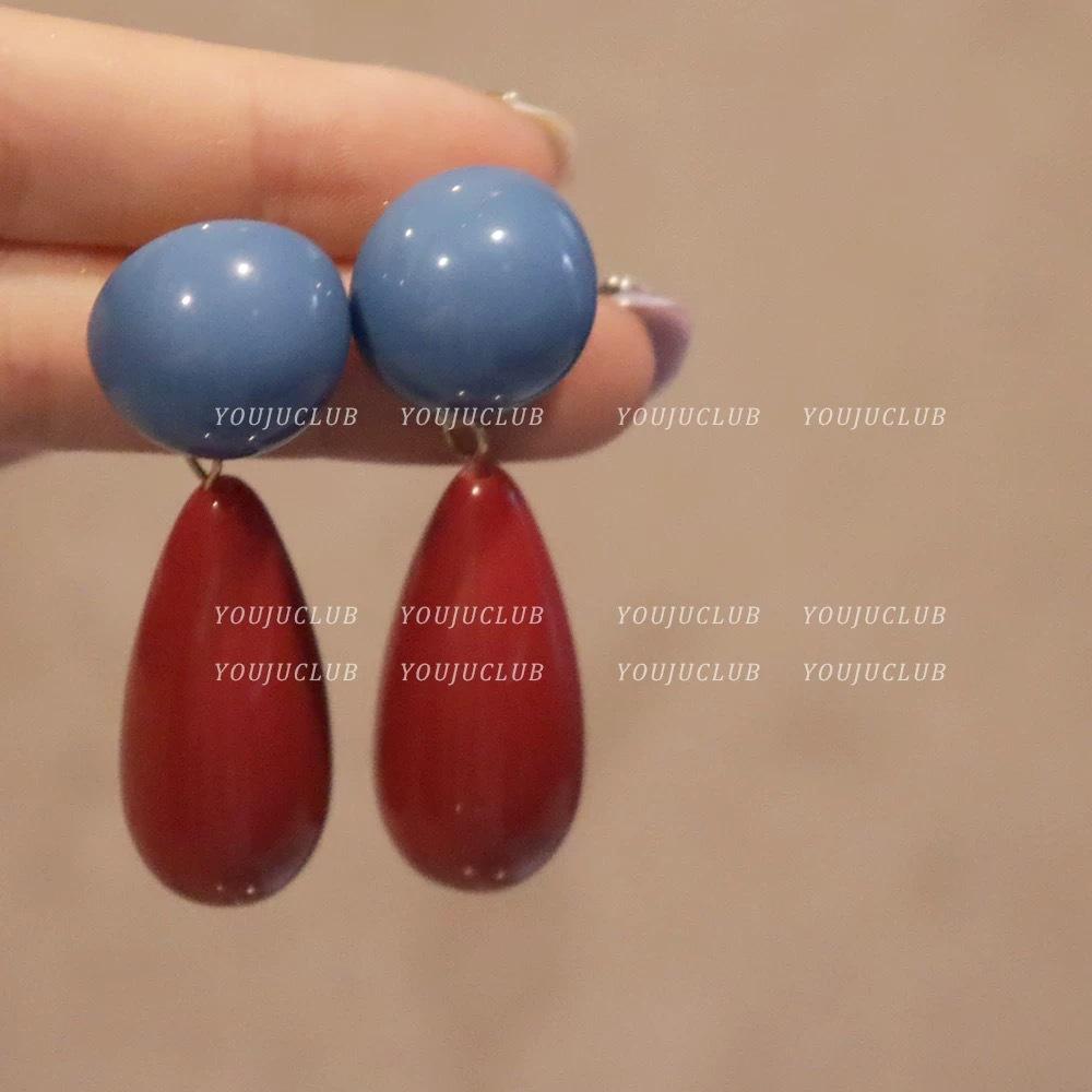 Retro Hong Kong Style Red and Blue Contrasting Color Water Drop Earrings Temperament Ins High-end Stud Earrings Women's New Earrings Earrings