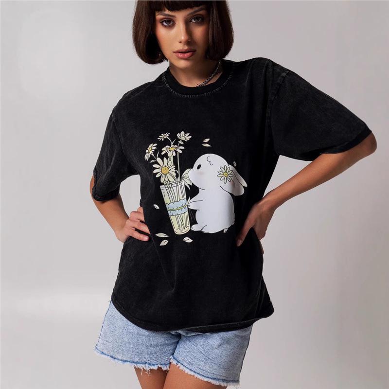 

Retro Cartoon Oversized Black Tee with Cute Old Rabbit Print M