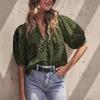Women's V-Neck Lace Embroidery Lantern Sleeve Summer Top