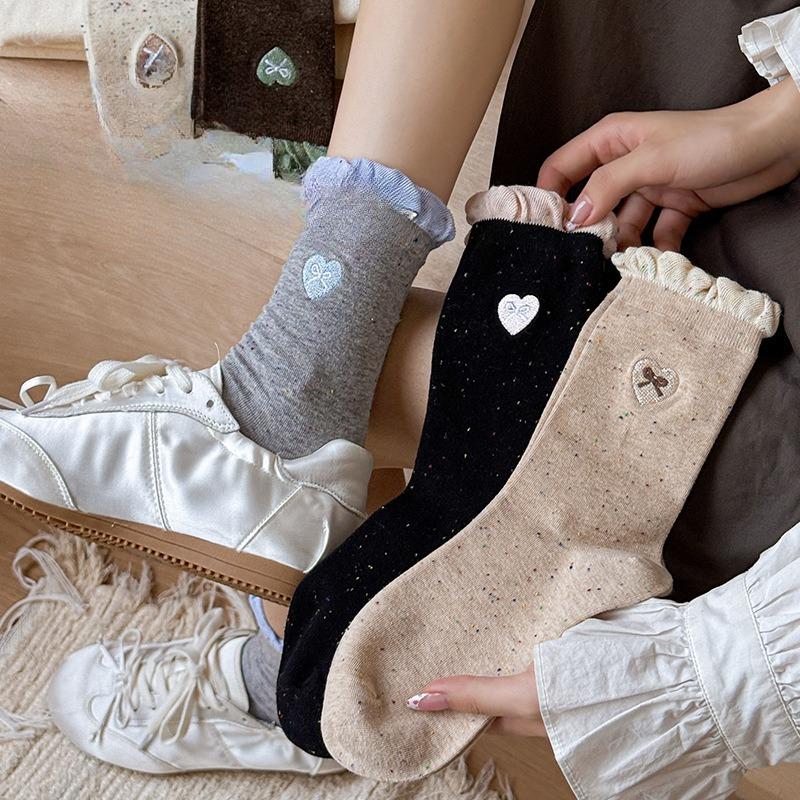 Lace Socks for Women, Mid-calf for Autumn and Winter, Heart-shaped Embroidered Dot Yarn Trendy Socks, Boneless Socks