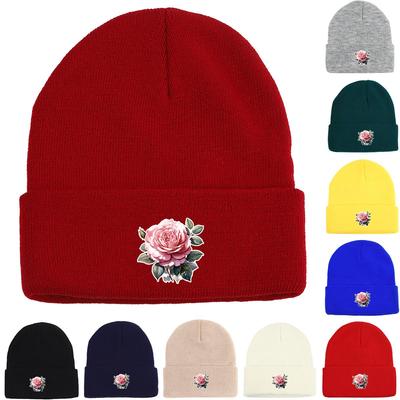Lifelike Flower Warm Knitted Cap Beanie, Skull Cap Elastic Cozy Hip Hop Pompom Beanies Knitted Hat Beanie