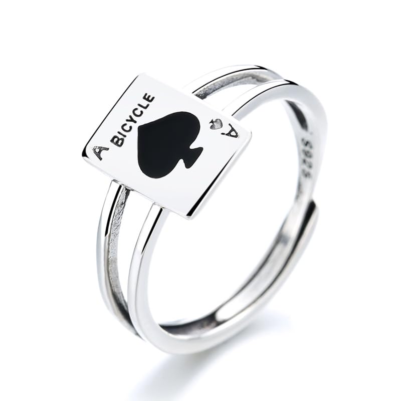 Sterling Silver 925 Free Playing Card Black Ace Spade 10mm Card Adjustable Christmas Present [Rockyu] Women s Ring, Size, Ring, & Design, Width, 2.2g