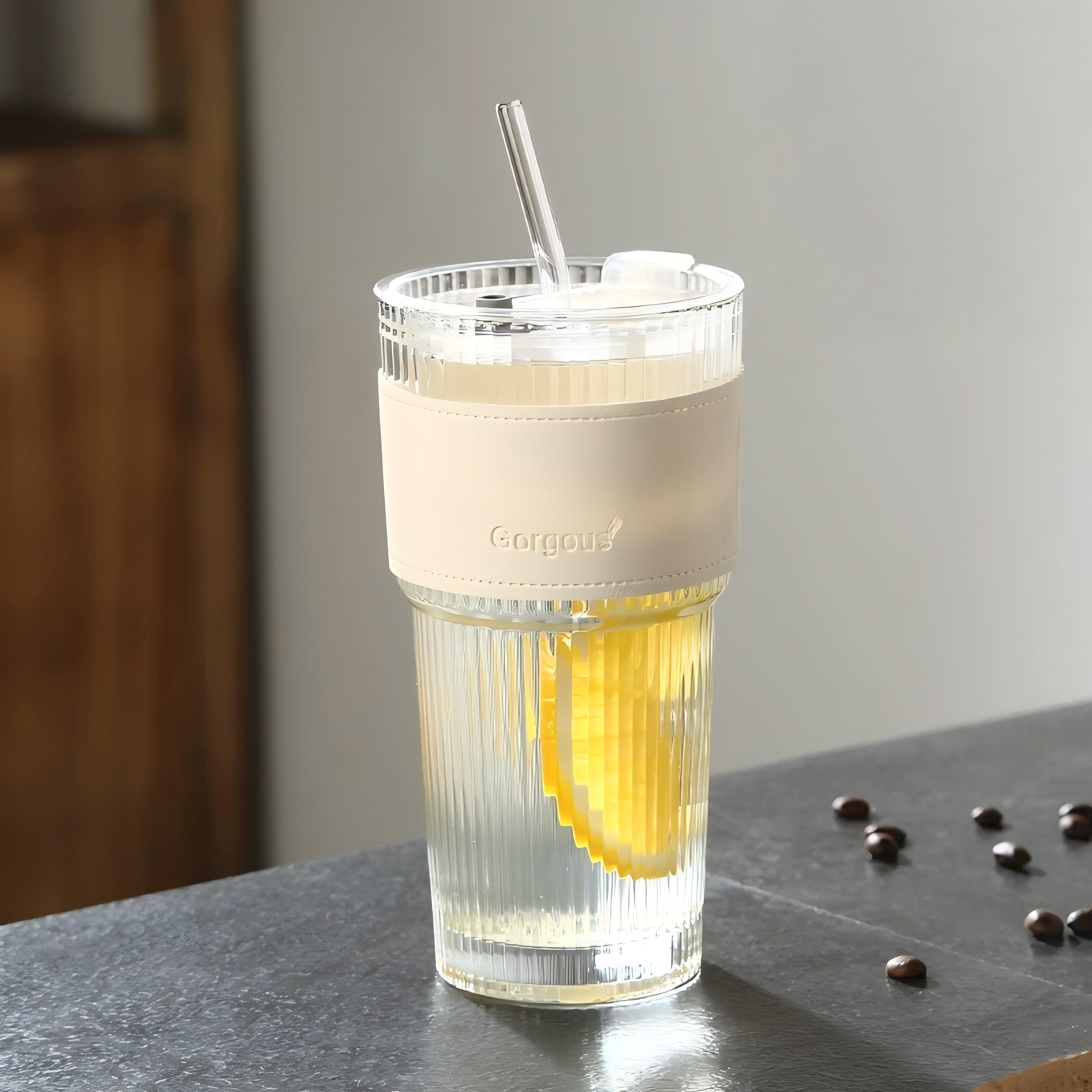 Стакан стеклянный 600 мл в американском стиле с крышкой и соломинкой, многоразовый стакан для холодных напитков с вертикальными полосками для холодного сока, молочного чая, фраппе