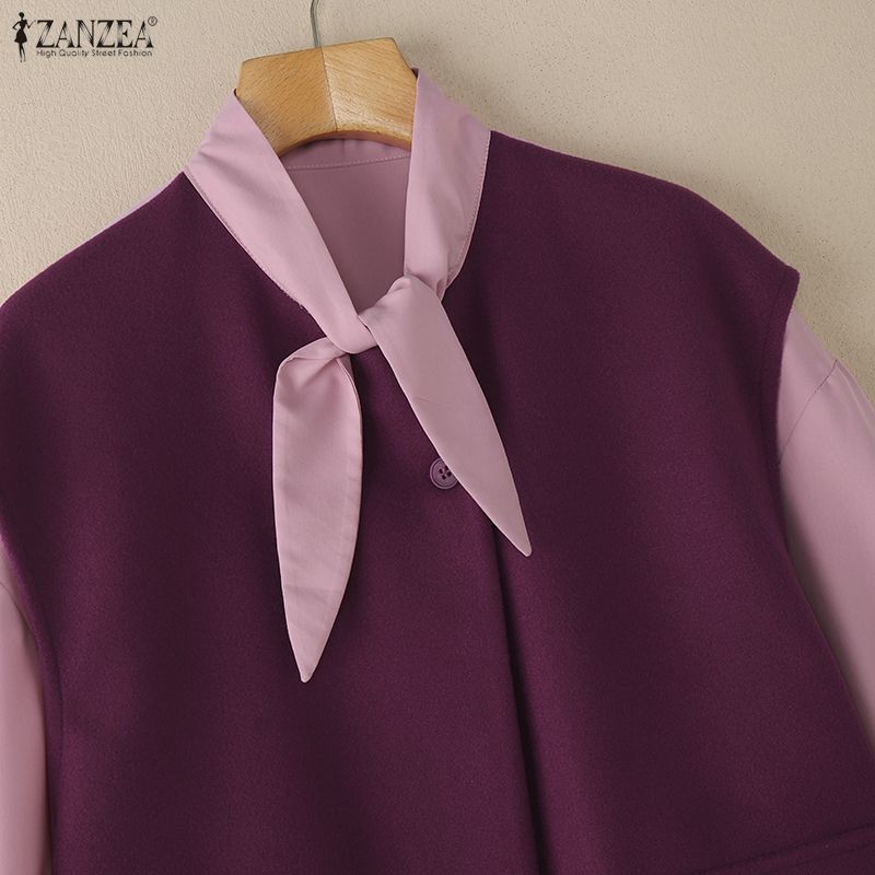 ZANZEA Blusa Casual de Mujer con Cuello Redondo, Manga Larga Holgada y Patchwork