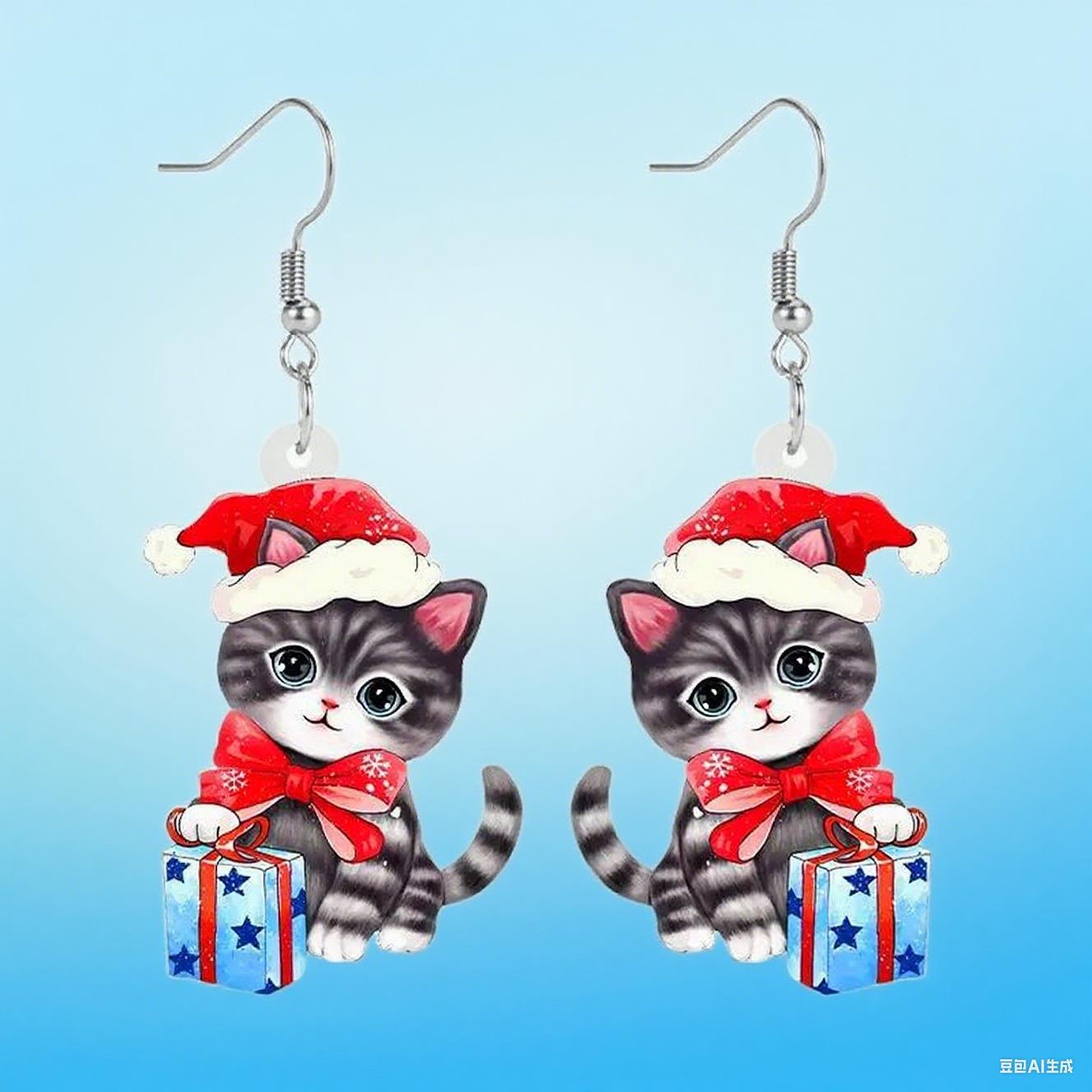 Cross-border new Christmas gifts cat earrings flat acrylic creative cute cartoon Christmas hat earrings