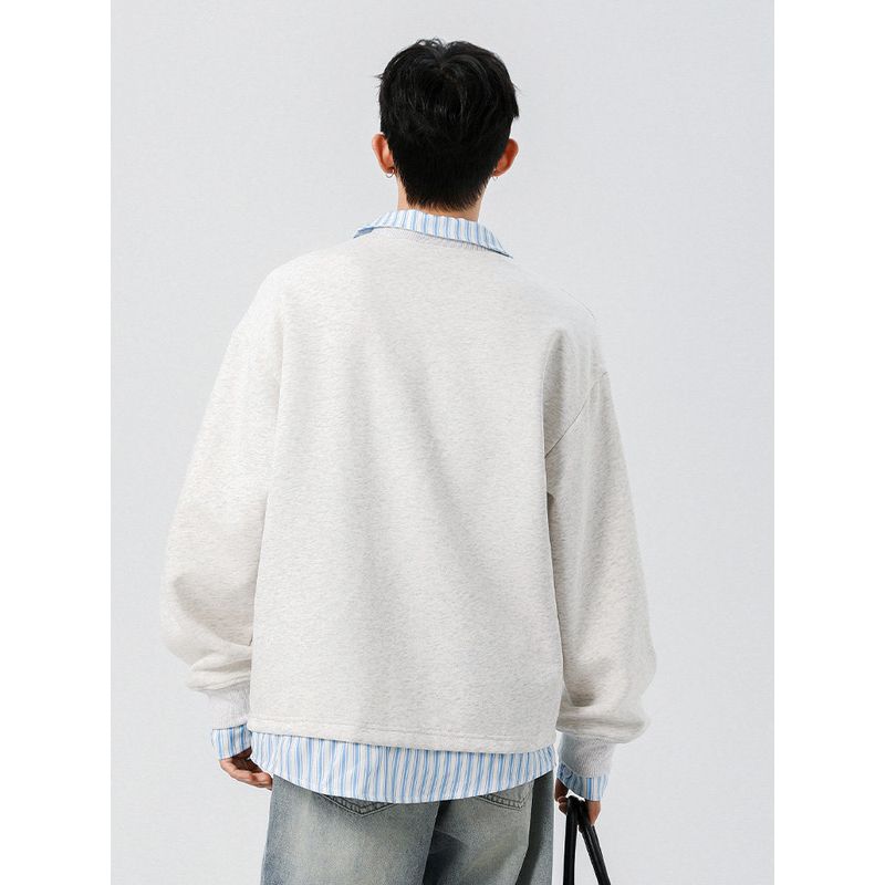 Wassup Trendy Black Fake Two-Piece Striped Lapel Men's Sweatshirt 2025 Spring and Autumn New Style Cool Workwear Top