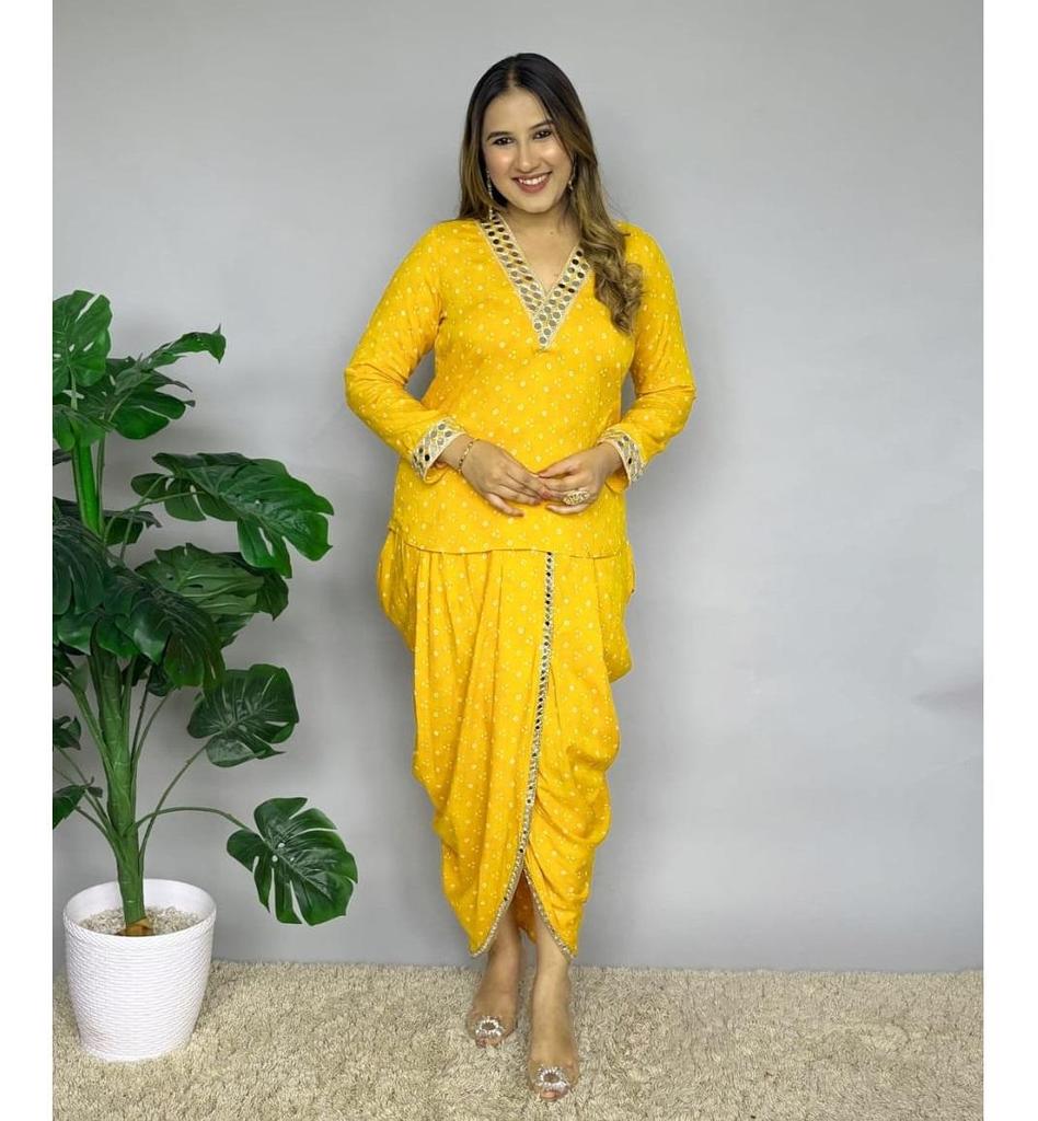 Women Designer Bandhani Print Cord Set Indian Bollywood Dhoti Kurta Top Tunic Dress
