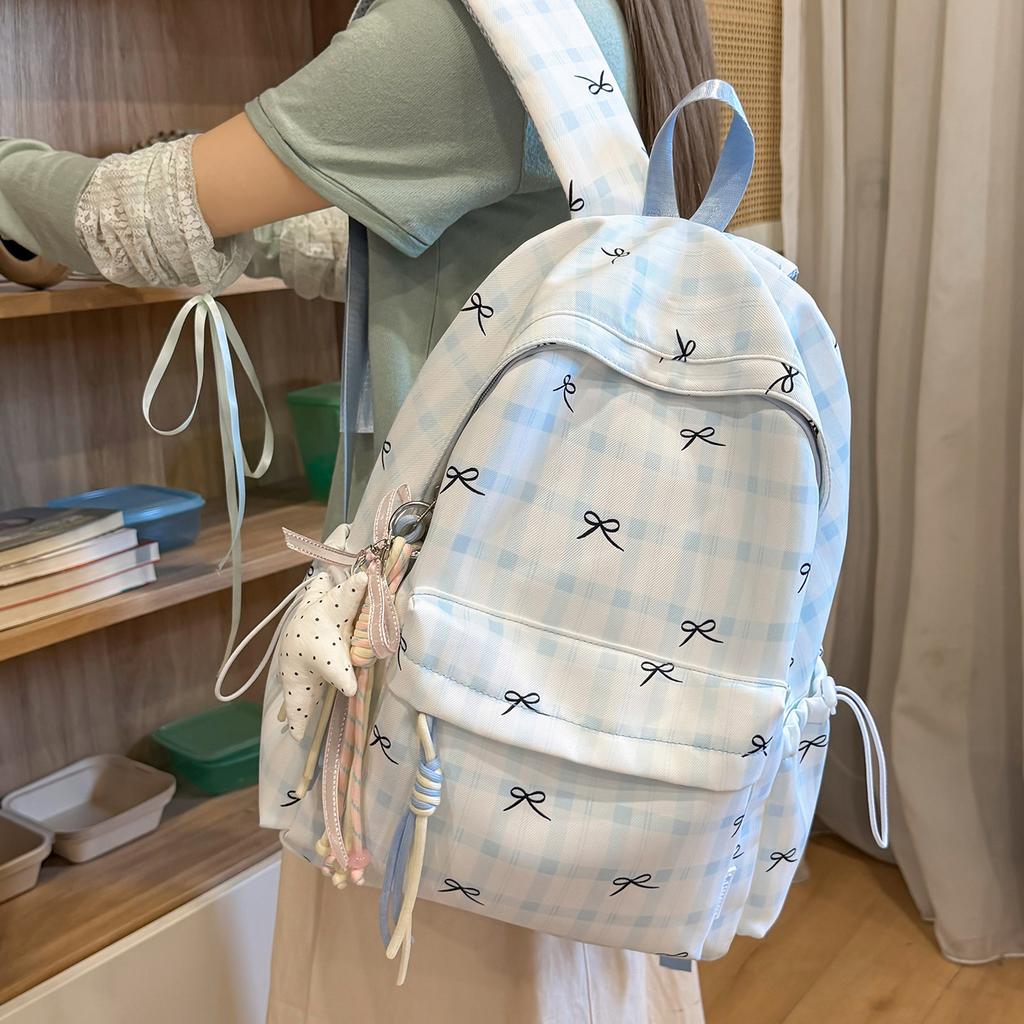 Schoolbag Japanese plaid bow backpack women's sweet girl schoolbag 1011 new large-capacity versatile campus backpack