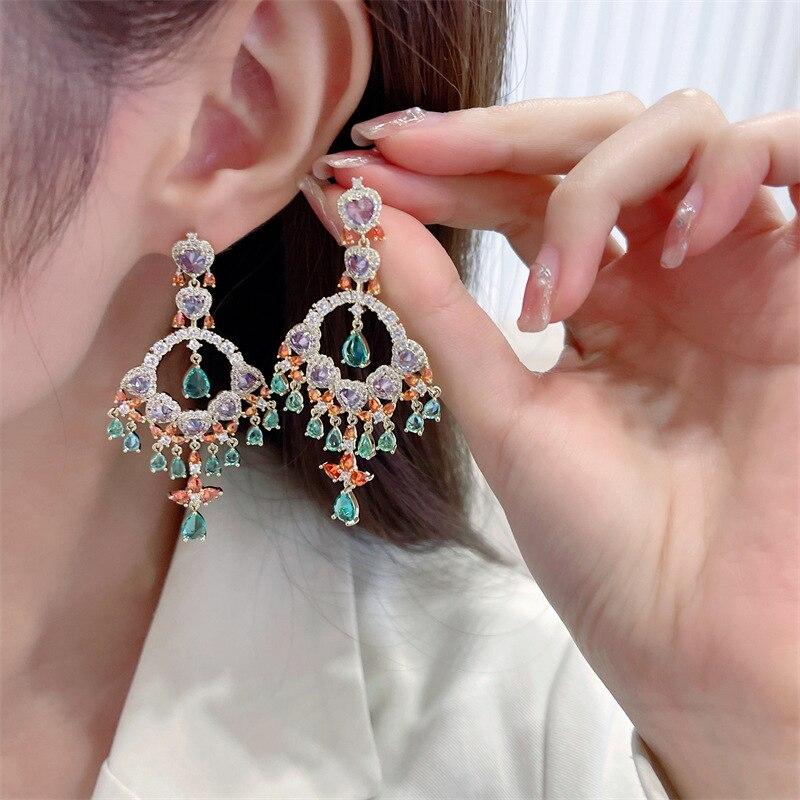 Cubic Zirconia Colorful Tassel Water Eardrop For Women Design Statement Wedding Jewelry Luxury Pendant Earring 925 Silver Needle