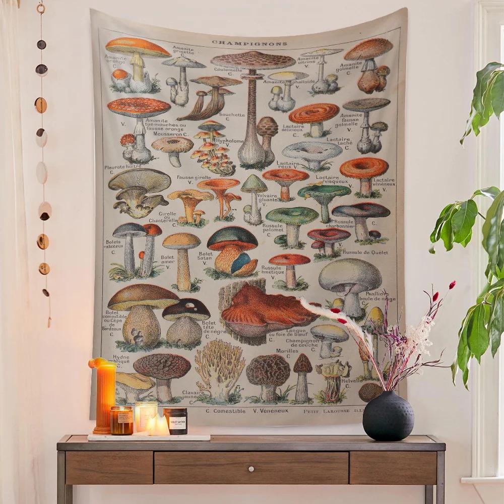 Botanischer Druck Florales Wandbehang Pilz-Wandteppich Vintage Boho Wildblumen Gemüse-Wandteppich Bunte Heimdekoration