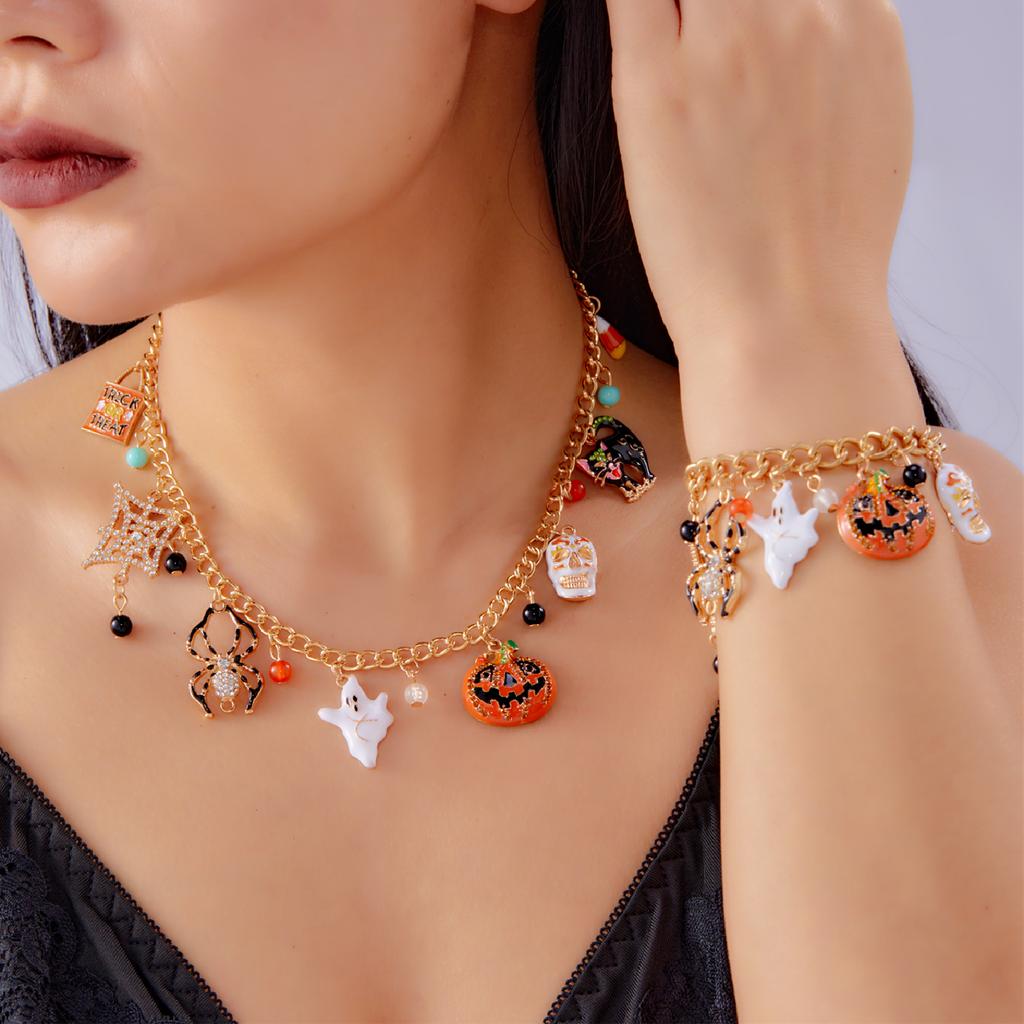 Halloween Inlaid Zircon Spider Web Pumpkin Ghost Black Cat Skeleton Pendant Necklace For Women Hip Hop Punk Festival Zircon