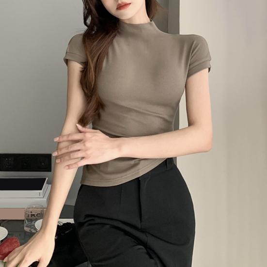Dámské topy Polovysoký límec Krátký rukáv Přiléhavé tričko Jednobarevné