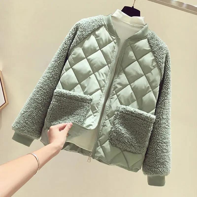 Women's Autumn and Winter Splicing Warm Jacket Solid Color Round Collar Loose Thickened Outerwear