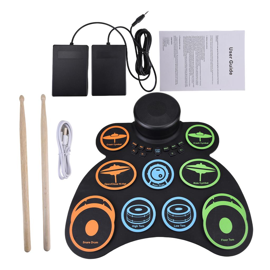 Electronic Drum Set with 2 Speaker Roll Up Drum Pad 9 Pads Supports MIDI Various Audio Connection Headphone Jack 18