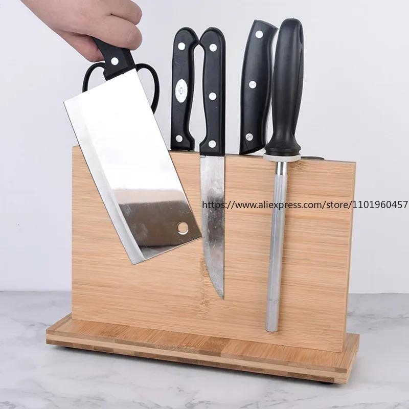 Magnetic Knife Block(Natural Wood) Knife Organizer Block Dock Kitchen Scissor Holder Strongly Rubber Wood Acacia Shelf Tools