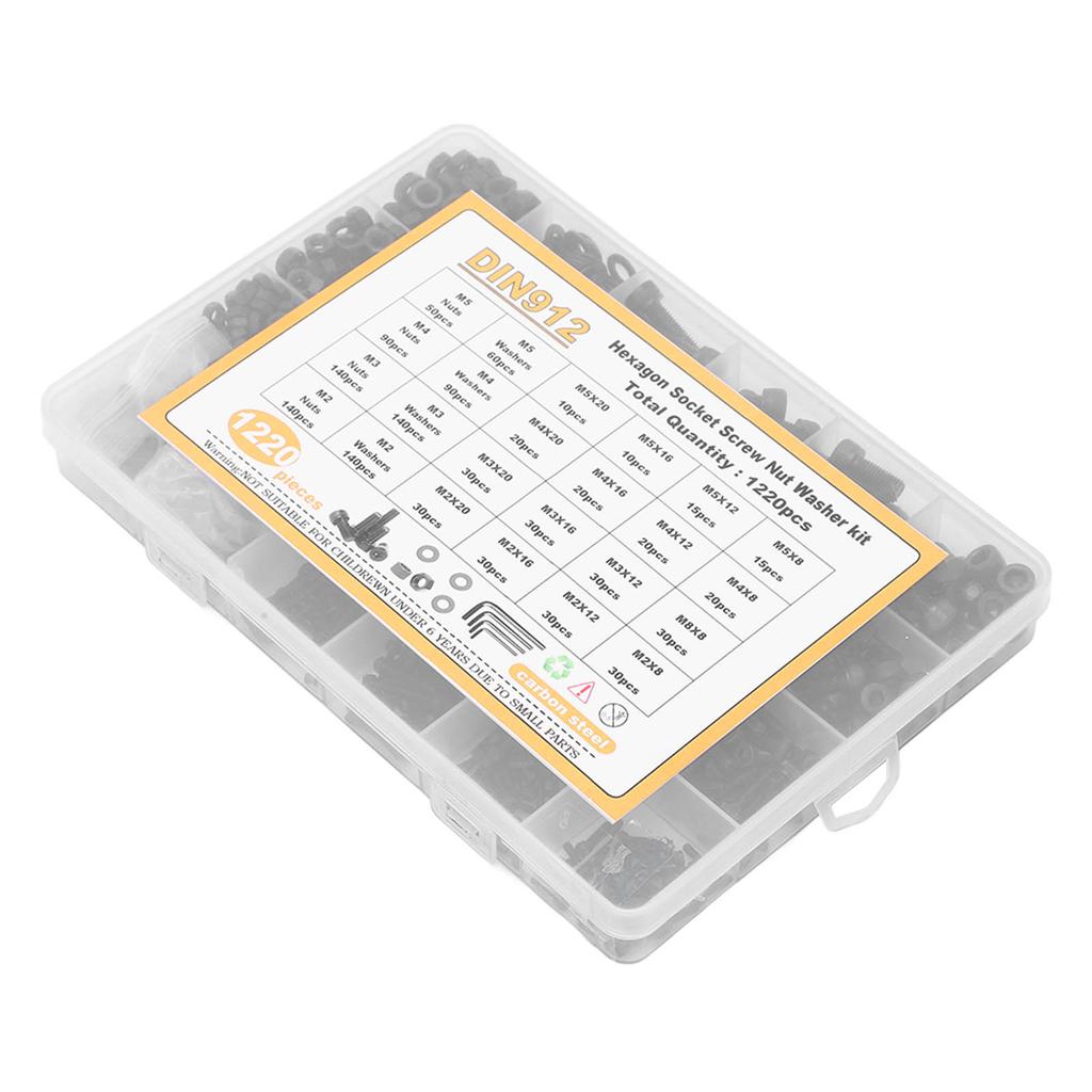 1220 Stück Innensechskant Schrauben Muttern Unterlegscheiben Sortimentskasten Zylinderkopf Kohlenstoffstahl M2 M3 M4 M5 Schwarz