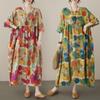 Boho dlhá sukňa letné šaty: Plus Size, Okrúhly výstrih, Krátky rukáv, pre ženy stredného a staršieho veku.
